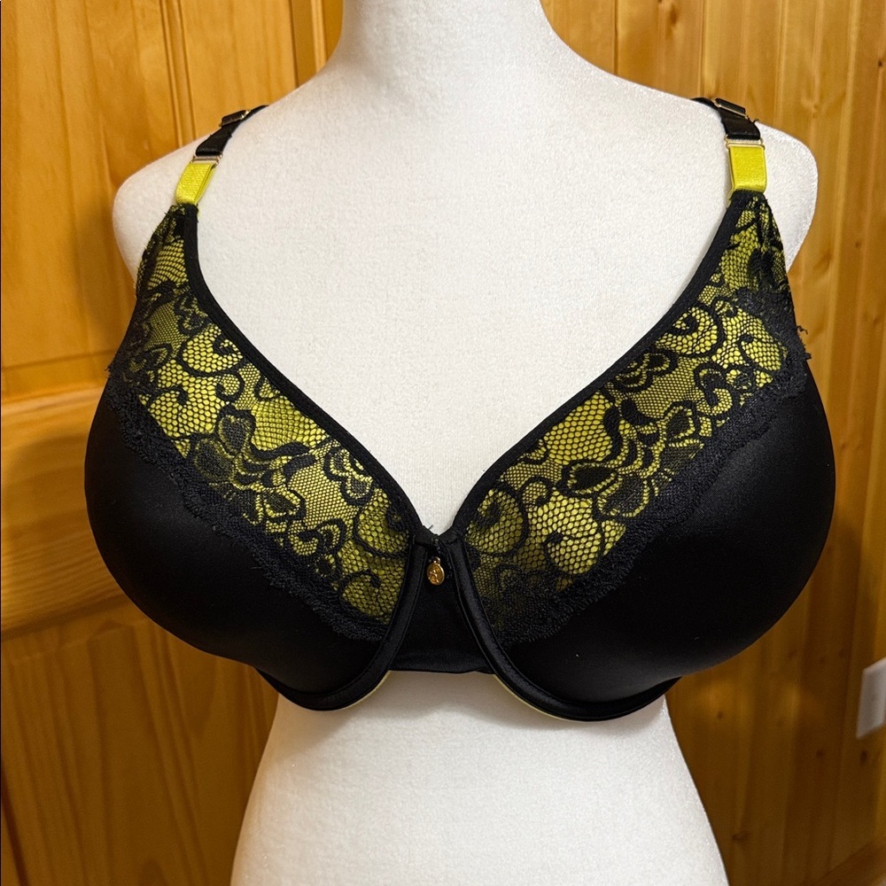 Ashley Stewart Black and Yellow Lace Underwire Bra.  Size 44DD.
